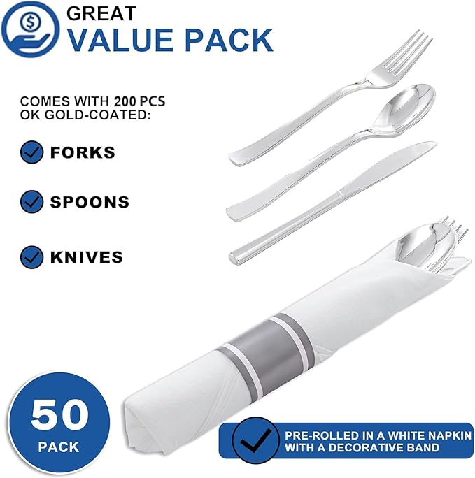 50Guests Pre Rolled Silver Plastic Silverware Sets - Heavy Duty Silver Cutlery - Include 50 Pack Wrapped Disposable Utensils with Napkins for Parties & Dinners & Weddings
