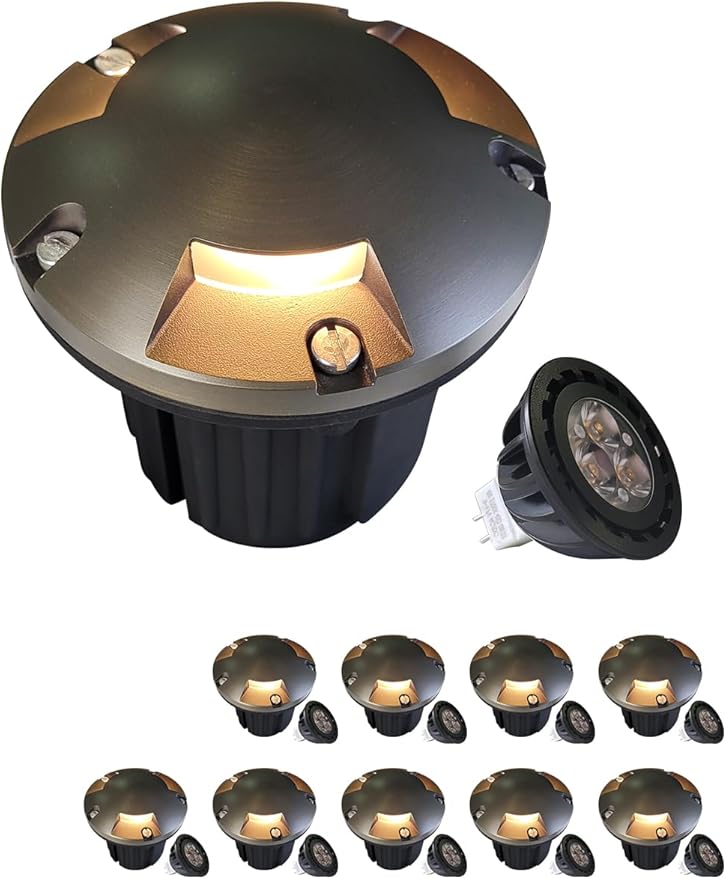 MALORY Brass Top Cover Landscape Well Lights,(5''H) 12V Low Voltage Outdoor In Ground Lights,Landscape Lighting for Pathway, Driveway and Garden (Three-Direction Turret, 10-Pack with Bulb)