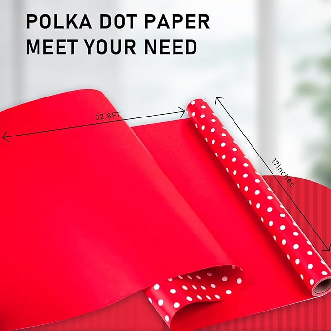 Flyhill Red Wrapping Paper,Reversible Gift Wrap Paper with Polka Dot Design for Girls,Birthday,Valentine's Day,Mother's Day(17 Inch X 32.8 Feet)