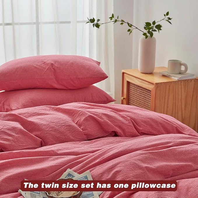 FACE TWO FACE Bedding Duvet Cover Set100% Washed Cotton Duvet Cover Linen Like Textured Breathable Durable Soft Comfy (Twin, Red)
