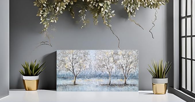 NdcSkyArt Blue Grey Tree Paintings Hand Painted Canvas Wall Art with Gold Foil Modern Abstract Grey Contemporary Rustic Farmhouse Family Tree Landscape Pictures Scenery Artwork
