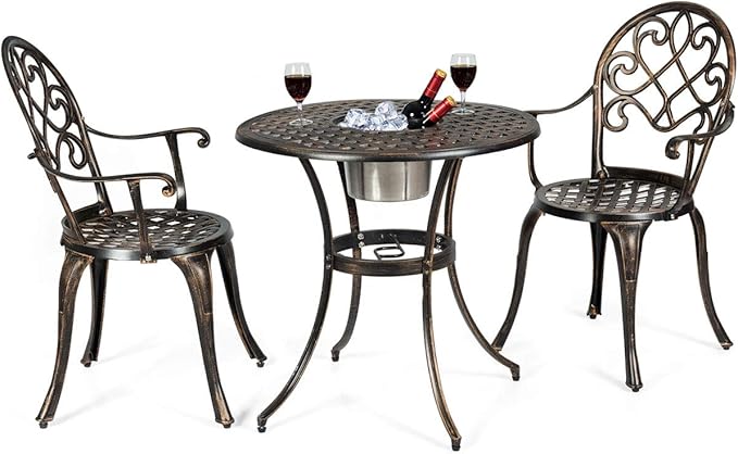 Giantex 3pcs Bistro Table Set Cast Aluminum Outdoor Patio Furniture Set Round Table W/Removable Ice Bucket, 2 Chairs Antique Garden Furniture Weather Resistant (Antique Bronze)