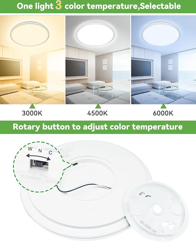 zemty 23 Inch LED Flush Mount Ceiling Light, Super Slim 56W 5040lm LED Ceiling Light, 3 Color Temperature in One 3000k/4500k/6000K Round Light Fixture for Bedroom, Kitchen, Dining Room (White)