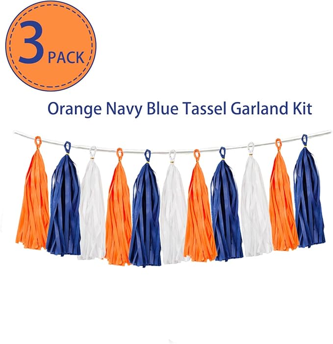 15PCS Navy Blue Orange White DIY Party Tassel Garland Paper Banner Streamer Backdrop for Graduation Astros Birthday Wedding Baby Shower Nursery Classroom Garland Tassel Hanging Decoration (Pack of 2)
