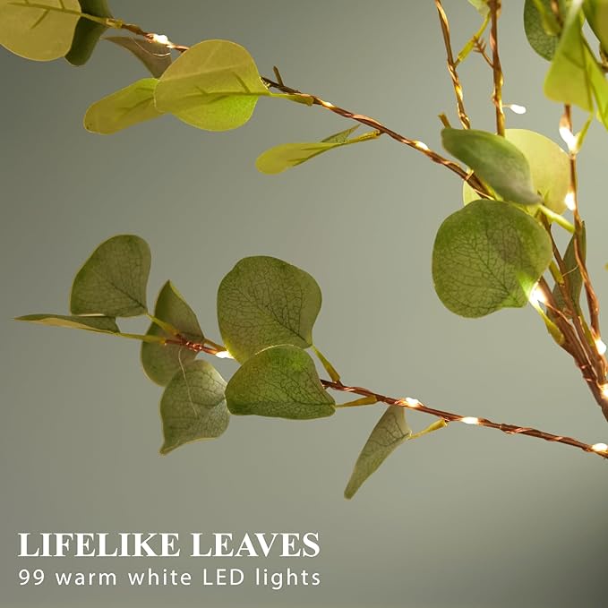 Lighted Artificial Eucalyptus Branches with Timer, Light Up Eucalyptus Branches 33in 99 Led, Battery Powered Vase Lights, Greenery Plant for Home Christmas Party Wedding Decor Indoor Outdoor