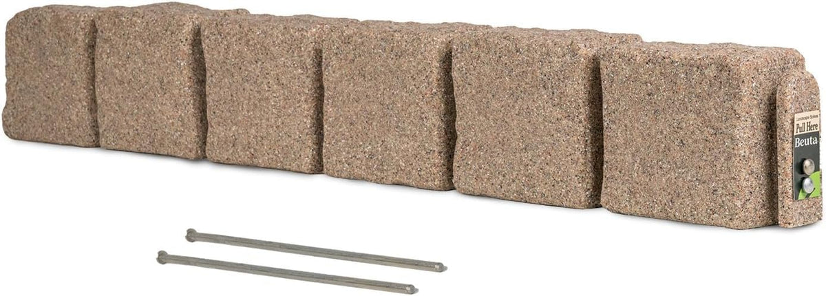 Beuta Landscape Edging | Garden Edging Border | Faux Stone Blocks for Lawn Edging, Flower Beds & Yard Edging – 1 Pack | Each Section Has 6 Blocks 48" L x 4" W x 6.5" H | 2 Spikes | Sandstone
