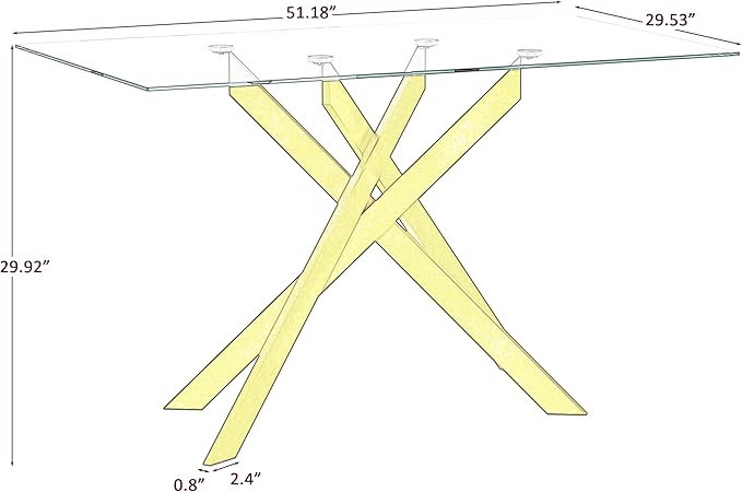 51" Rectangular Glass Dining Table Modern Kitchen Glass Top Table for 4 with Gold Metal Legs, Clear Dining Table Kitchen Table for Home Office Dining Room