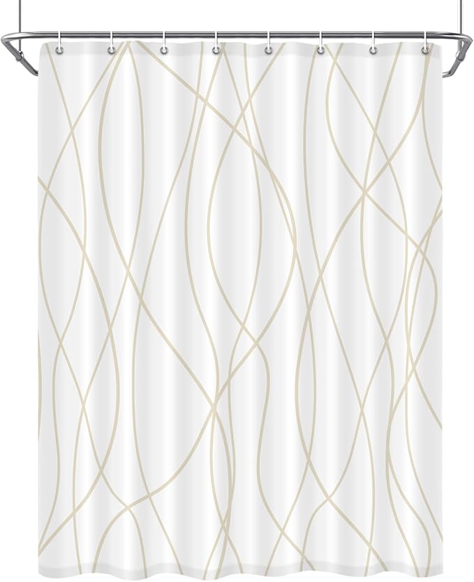 Punkray Beige Khaki Shower Curtain for Bathroom with Hooks, Extra Long Shower Curtain Set Stripe Bath Curtains Decorative White Shower Curtains Weighted Hem Water Repellent Washable, 54 x 72