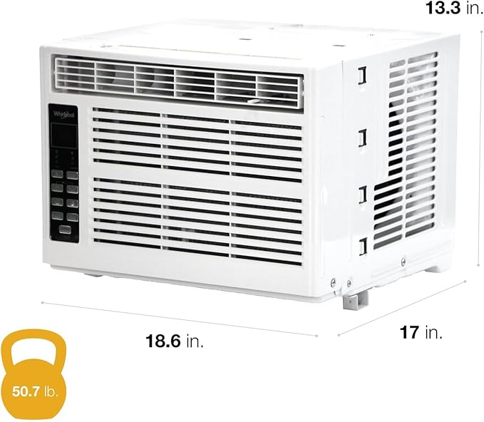 Whirlpool 8,000 BTU Window Air Conditioner with Dehumidifier, 115V, Window AC for Rooms up to 350 Sq. Ft., Living Room, Bedroom, or Apartment, with 3 Speeds, Remote Control, and 24H Timer, White