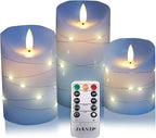 danip Sky Blue LED Flameless Candle, with Embedded Star String, 3-Piece Set of LED Candles, with 11 Button Remote Control, 24-Hour Timer Function, Dancing Flames, Real Wax, Battery Powered.