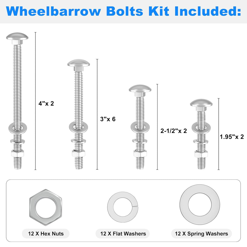 Wheelbarrow Handles Bolts Kit Replacement Wheelbarrow Rebuild 5/16 Stainless Carriage Nuts and Bolts Kit, Furniture Repair,Beds Sofa Table Chairs - 12 Pack