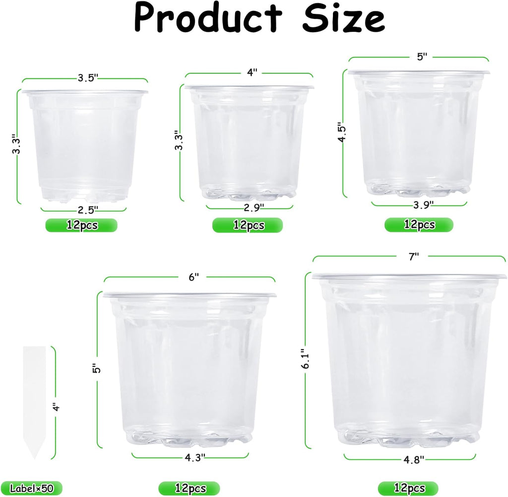 60 Pack 3.5/4/5/6/7 Inch Clear Nursery Pots with Drainage Hole,Variety Sizes Seed Starting Pots Transparent Plastic Plant Pots for Plants Transparency with 50 Plant Labels