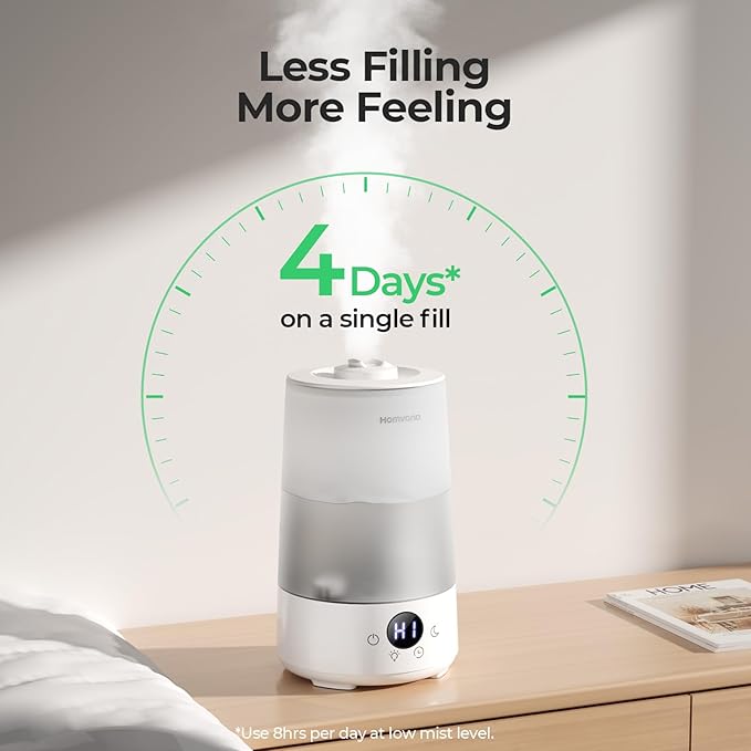 Homvana 3.6L Cool Mist Humidifiers for Bedroom, Large Room, Home, Whole House, Office, Living Room, 34H Top Fill Easy to Clean, Humidifier for Baby, Nursery, Infants, Kids, Toddlers, BPA-Free (White)