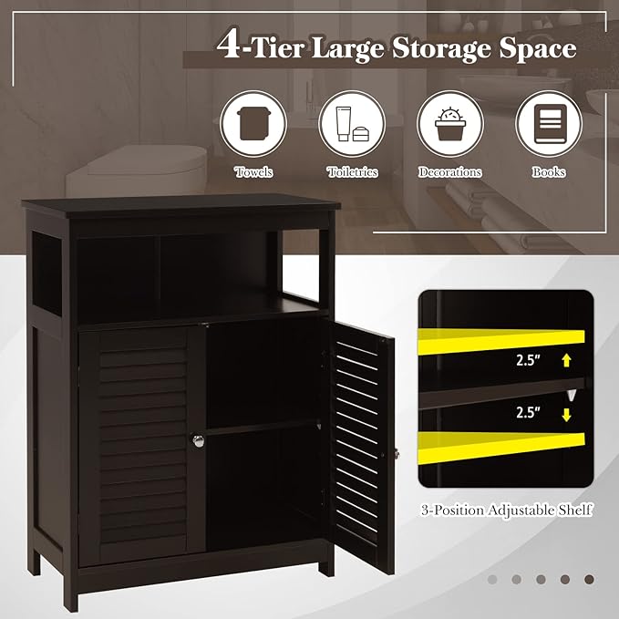 GLACER Bathroom Floor Cabinet, Wooden Storage Cabinet with Double Shutter Doors & 3-Position Adjustable Shelf, Side Storage Organizer, 23.5 x 12 x 31.5 inches (Espresso)
