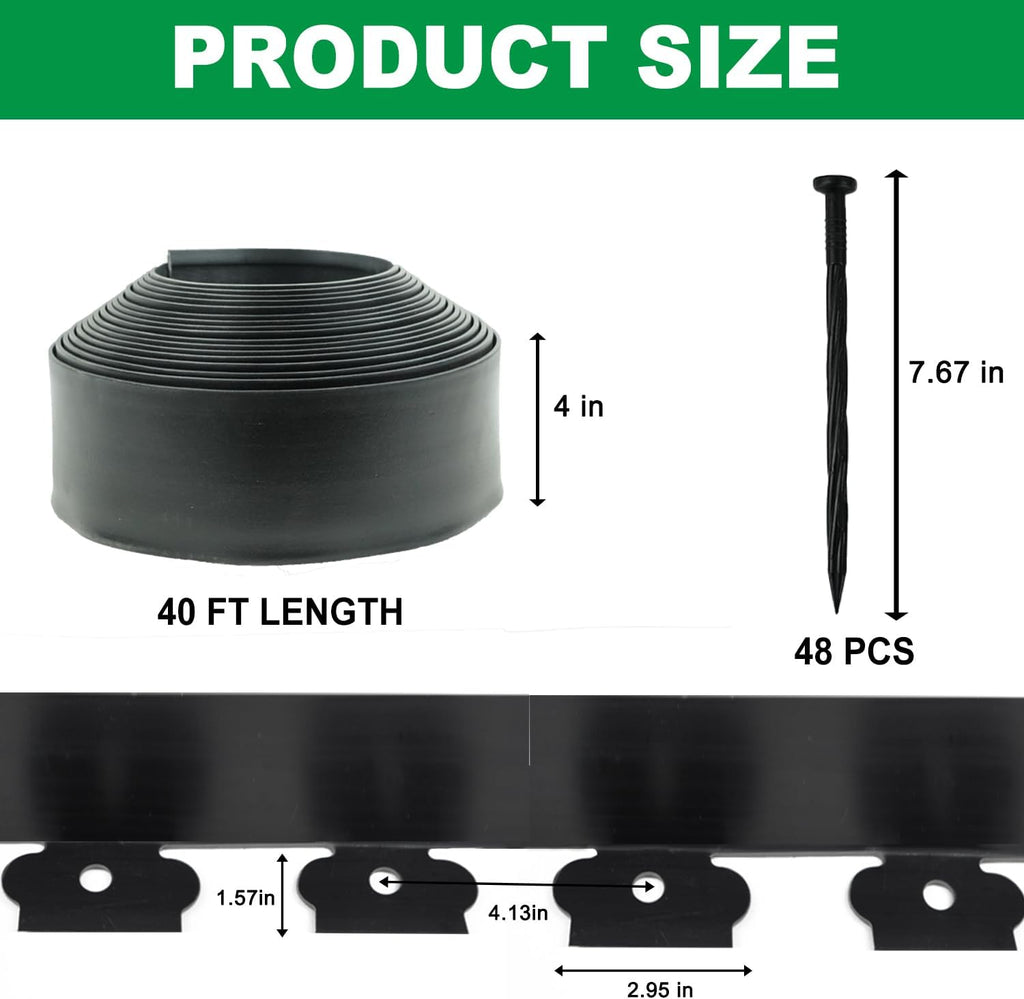 Hugeleaf Landscape Edging Kit 40 Feet with 48pcs Spikes, 4 Inches Garden Edging Flexible Landscape Lawn Border for Flower Beds Yard Pathway