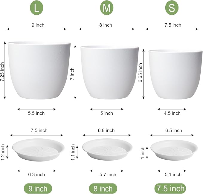 9/8/7.5 inch Flower Pots, Set of 3 Modern Decorative Plastic Planters with Drainage Holes and Saucers, Plant Pots for Indoor Outdoor Plants, White