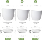 9/8/7.5 inch Flower Pots, Set of 3 Modern Decorative Plastic Planters with Drainage Holes and Saucers, Plant Pots for Indoor Outdoor Plants, White