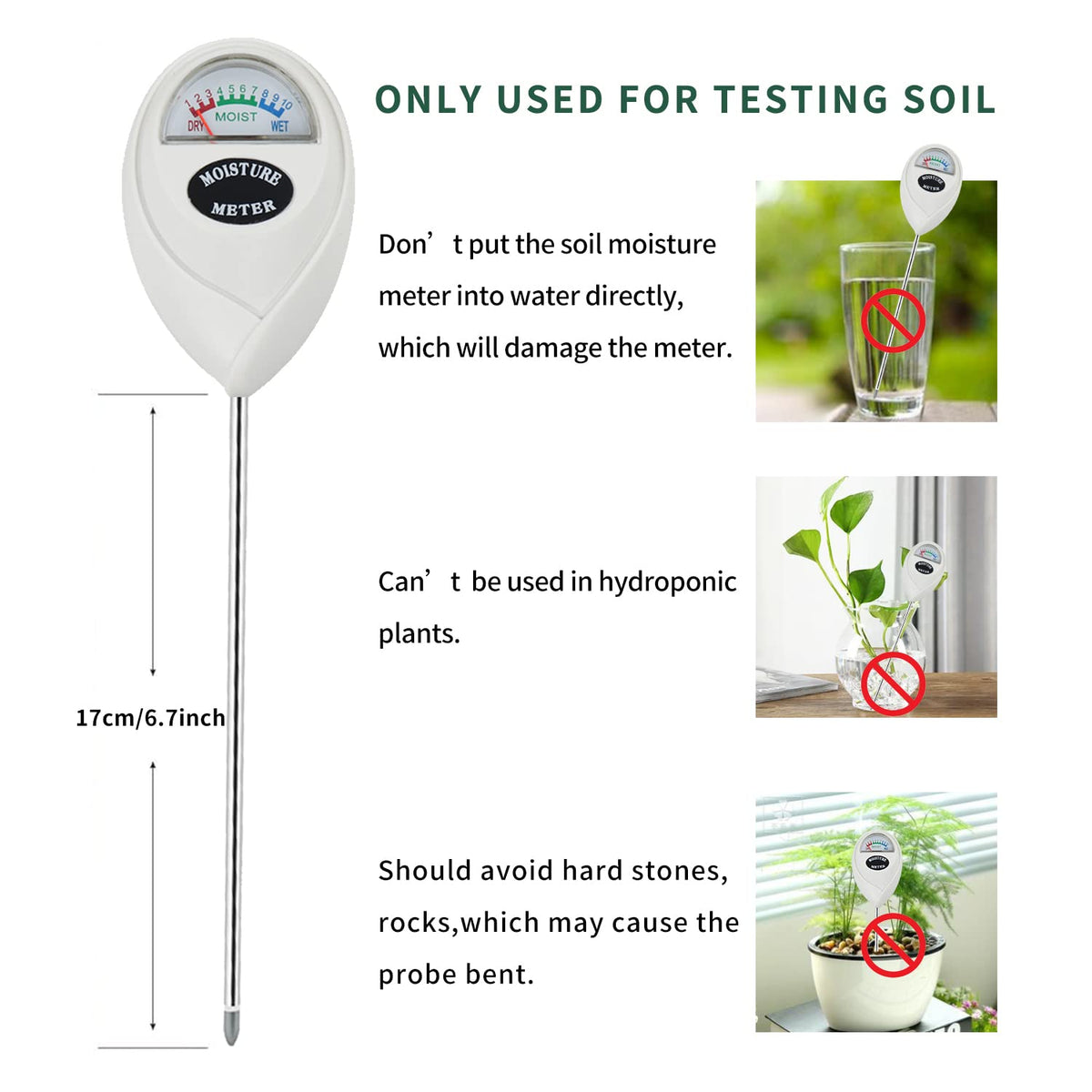 Censinda Soil Moisture Meter, Soil Moisture Monitor for House Plants, Soil Hygrometer Moisture Sensor for Indoor & Outdoor, Garden, Farm, Lawn Plant Care, No Battery Needed(White)