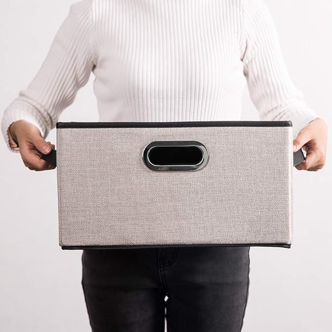 PRANDOM Large Fodable Storage Bins for Closet [3-Pack] Decorative Linen Fabric Storage Bins Cubes with Leather/Metal Handles for Shelves Bedroom Living Room Light Grey (14.9x9.8x8.3 Inch)