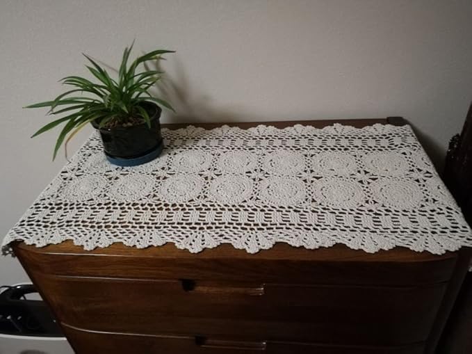 Cotton Handmade Crochet lace Table Runners Oval Tablecloth Doilies Doily Table Dresser Scarf Décor,15x27 inch,Beige