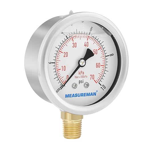 MEASUREMAN 2-1/2" dial,Glycerin Filled, Stainless Steel case, Brass Inside, 0-10psi/kpa,1/4" NPT Lower Mount