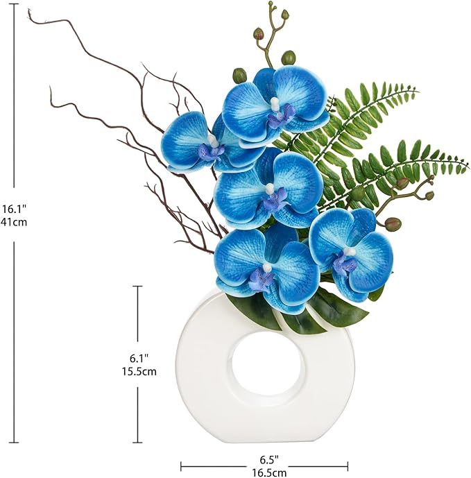 Briful Orchid Fake Flowers 16.1'' Blue Artificial Orchid Silk Flowers with Vase Faux Orchid Arrangement for Home Office Bathroom Desk Modern Decoration