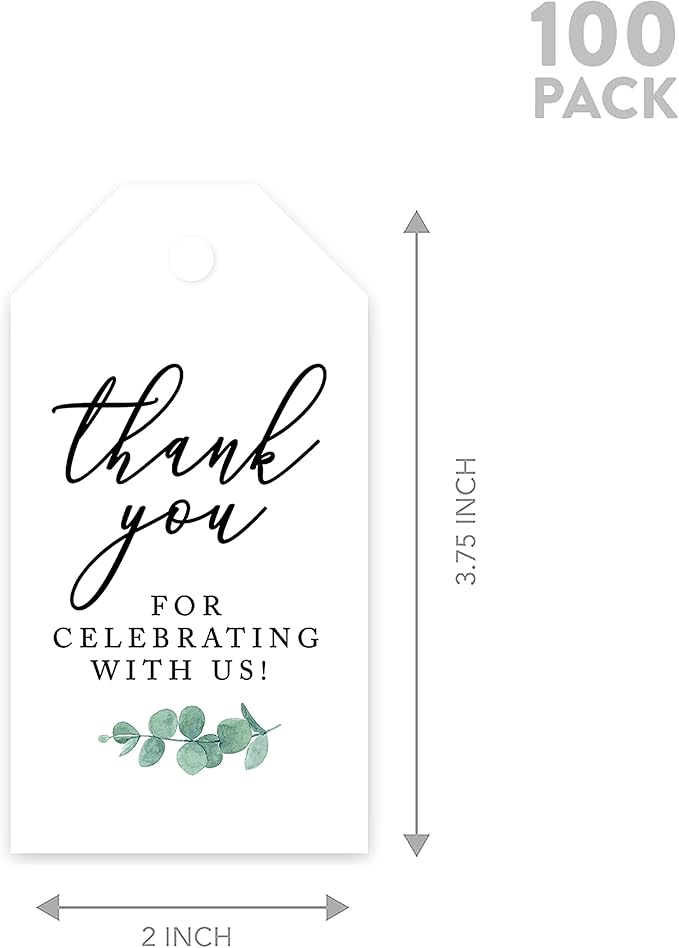 Andaz Press 100-Pack Thank You for Celebrating with Us Favor Tags Minimal Eucalyptus Cardstock Gift Tags with Bakers Twine for Wedding Baby Shower Bridal Shower Birthday Party Favors 2 x 3.75-Inches