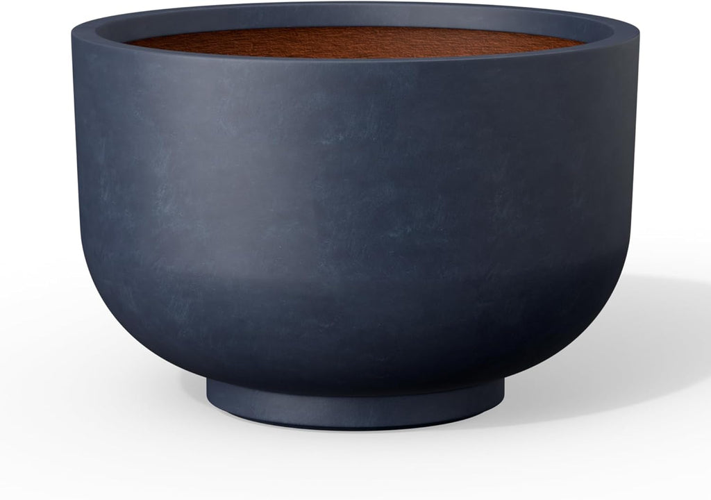 Kante 17.7 Inch Dia Concrete Bowl Planter, Large Tapered Bottom Plant Pot with Drainage, Smooth Charcoal Finish with Warm Brown Interior, Ideal for Porch, Home, Garden, Patio