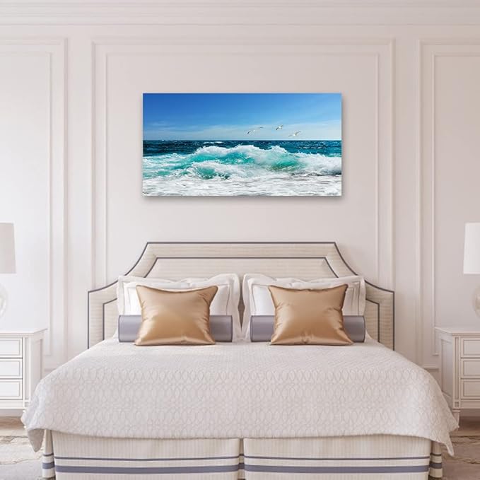 tigeridge Sea Beach Canvas Wall Art for Living Room Wall Decor Ocean Waves Canvas Pictures Blue Surfing Water Seagull Canvas Prints Artwork Office Home Wall Decorations Framed Ready to Hang 24" x 48"