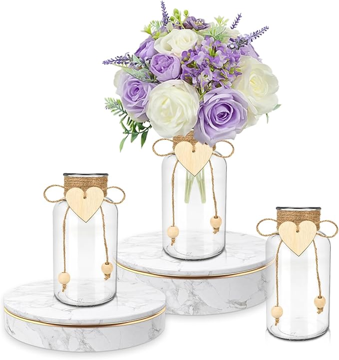 Vintage Glass Vases for Flowers, Set of 3 Mason Jar Vase Table Centerpieces for Farmhouse Room Decor, Wedding, Bridal Shower Bud Vase Set (Small)