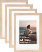 KINLINK A4 Picture Frame Natural, Solid Wood Frames with Acrylic Plexiglass for Pictures A5 with Mat or A4 without Mat, Tabletop and Wall Display Photo Frame, Set of 4
