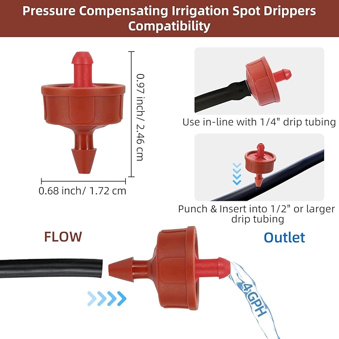 30PCS 4 GPH Pressure Compensating Drip Irrigation Spot Watering Drippers/Emitters, Self-Cleaning Constant Flow Drip Irrigation Emitters Heads Irrigation Drippers Parts for Drip Irrigation System