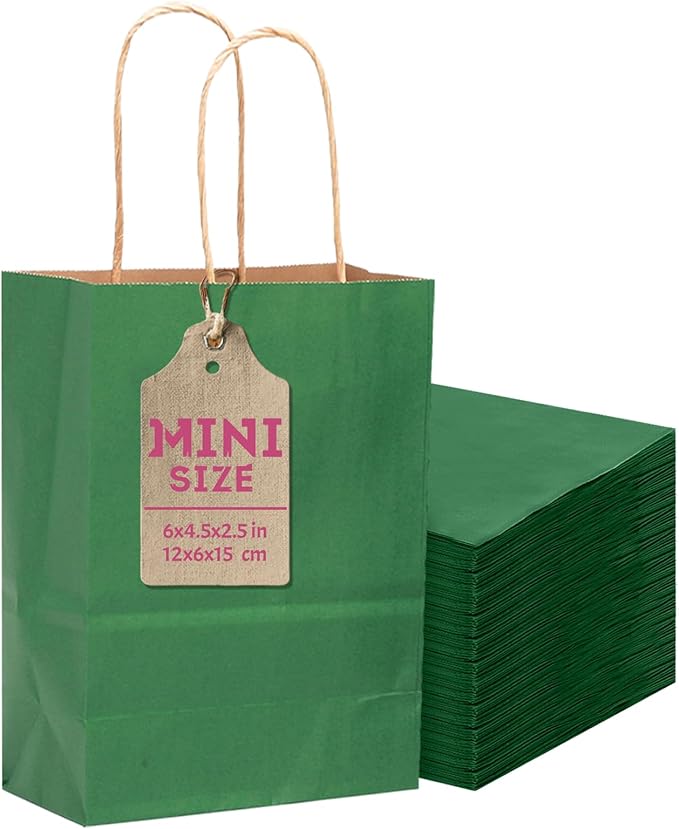 qiqee 50-Packs Kraft Deep Green Paper Gift Bags with Handles Bulk 4.5"x2.5"x6" Mini Size Party Favor Bags Multiple Uses