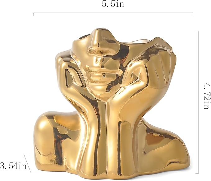 Gold Ceramic Human Face Decorative Vase - Shy Posture Modern Art Desktop Display for Bookshelf, Living Room, Office, Bedroom