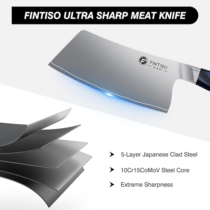 FINTISO Cleaver Knife 7 In, Kitchen Butcher Knife with G10 Ergonomic Handle, High Carbon Steel Vegetable Meat Cleaver, Heavy Duty Bone Chopper for Home and Restaurant