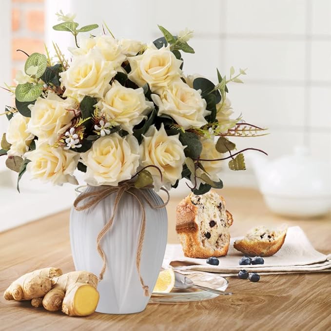 LESING Artificial Rose with Vase,Fake Silk Flowers Bouquets in Vase Table Centerpiece Arrangement for Kitchen Living Room (Champange)