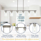 6-Light Kitchen Island Lighting with Clear Glass Shades, Modern Linear Pendant Light Fixture for Dining Room Pool Table, Brushed Nickel Finish