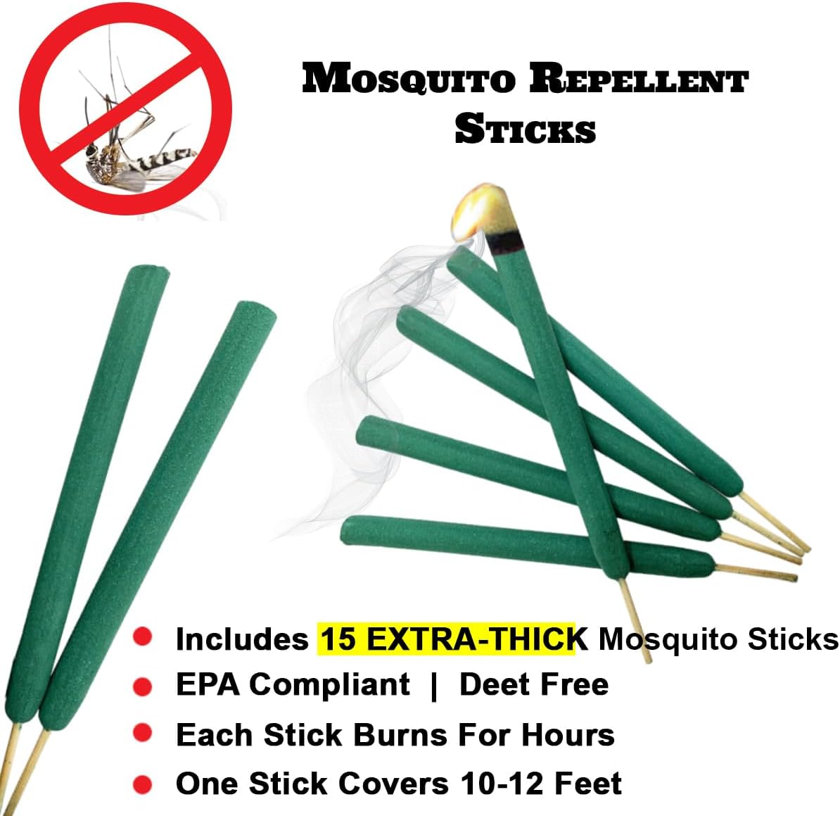 W4W Mosquito Repellent Sticks Extra-Thick - Outdoor Use Reaches Up to 10-12 feet - Each Stick Burns for hours - (3 Pack Contains 15 Repellents )