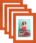 KINLINK 5x7 Picture Frame Orange, Solid Wood Frames with Acrylic Plexiglass for 3.5x5/4x6 with Mat or 5x7 without Mat, Tabletop and Wall Display Photo Frame, Set of 4