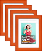 KINLINK 5x7 Picture Frame Orange, Solid Wood Frames with Acrylic Plexiglass for 3.5x5/4x6 with Mat or 5x7 without Mat, Tabletop and Wall Display Photo Frame, Set of 4