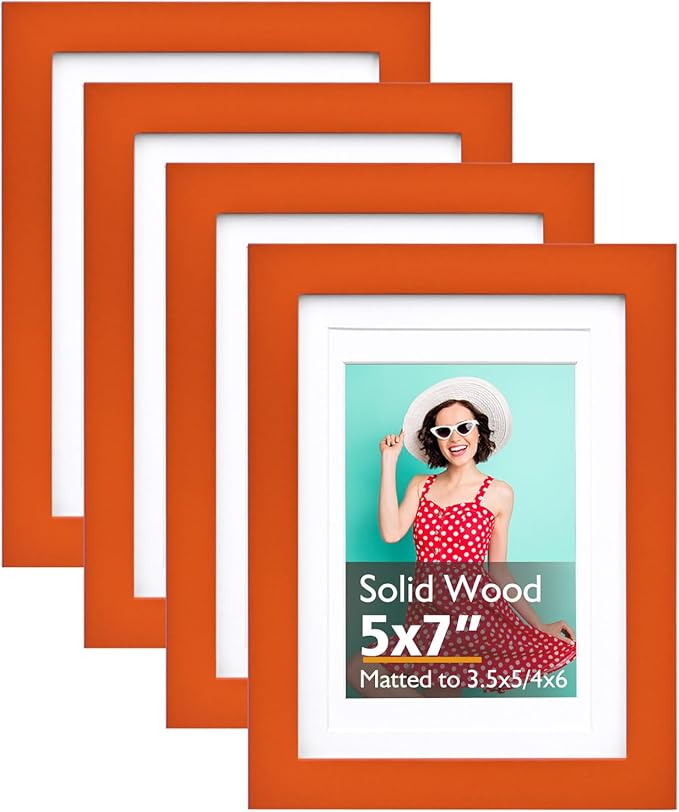 KINLINK 5x7 Picture Frame Orange, Solid Wood Frames with Acrylic Plexiglass for 3.5x5/4x6 with Mat or 5x7 without Mat, Tabletop and Wall Display Photo Frame, Set of 4