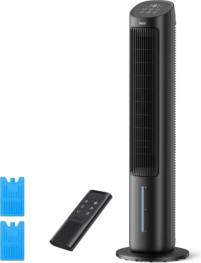Dreo Evaporative Air Cooler, 40” Standing Fans that Blow Cold Air, 80° Oscillating Bladeless Cooling Fan for Bedroom, Swamp Cooler, Removable Water Tank, Ice Pack, Remote, 3 Mode 4-Speed, Black