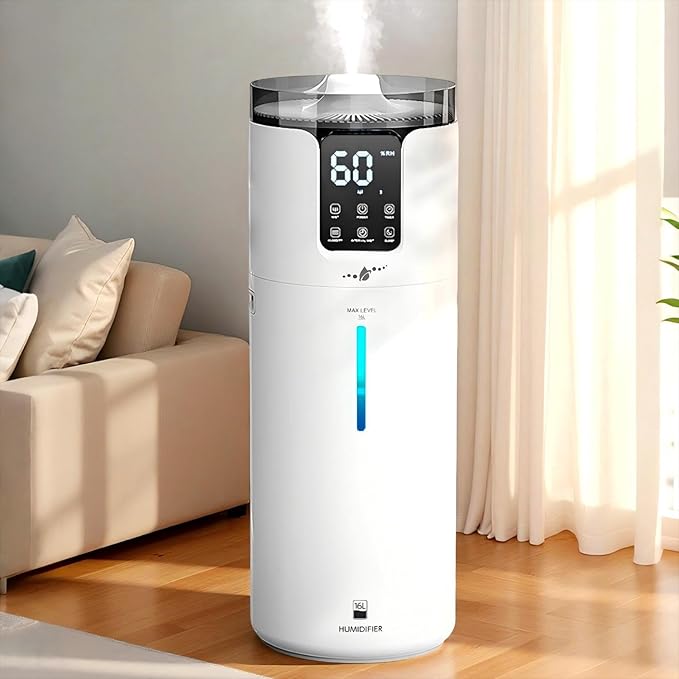 Humidifier Large Room, 4.2 Gal/16L Large Humidifier for 1500 sq.ft, 360° Nozzles Cool Mist Ultrasonic, Top Fill Tower Humidifiers for Bedroom Office Plant wholehouse with Extension Tube, Night Light