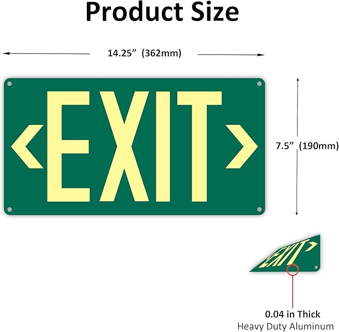 3Pack Photoluminescent Exit Sign Green - 14.25"x 7.5" Aluminum - Adhesive Backing- Includes 6pcs Removable Arrows - Glow In The Dark Exit Signs
