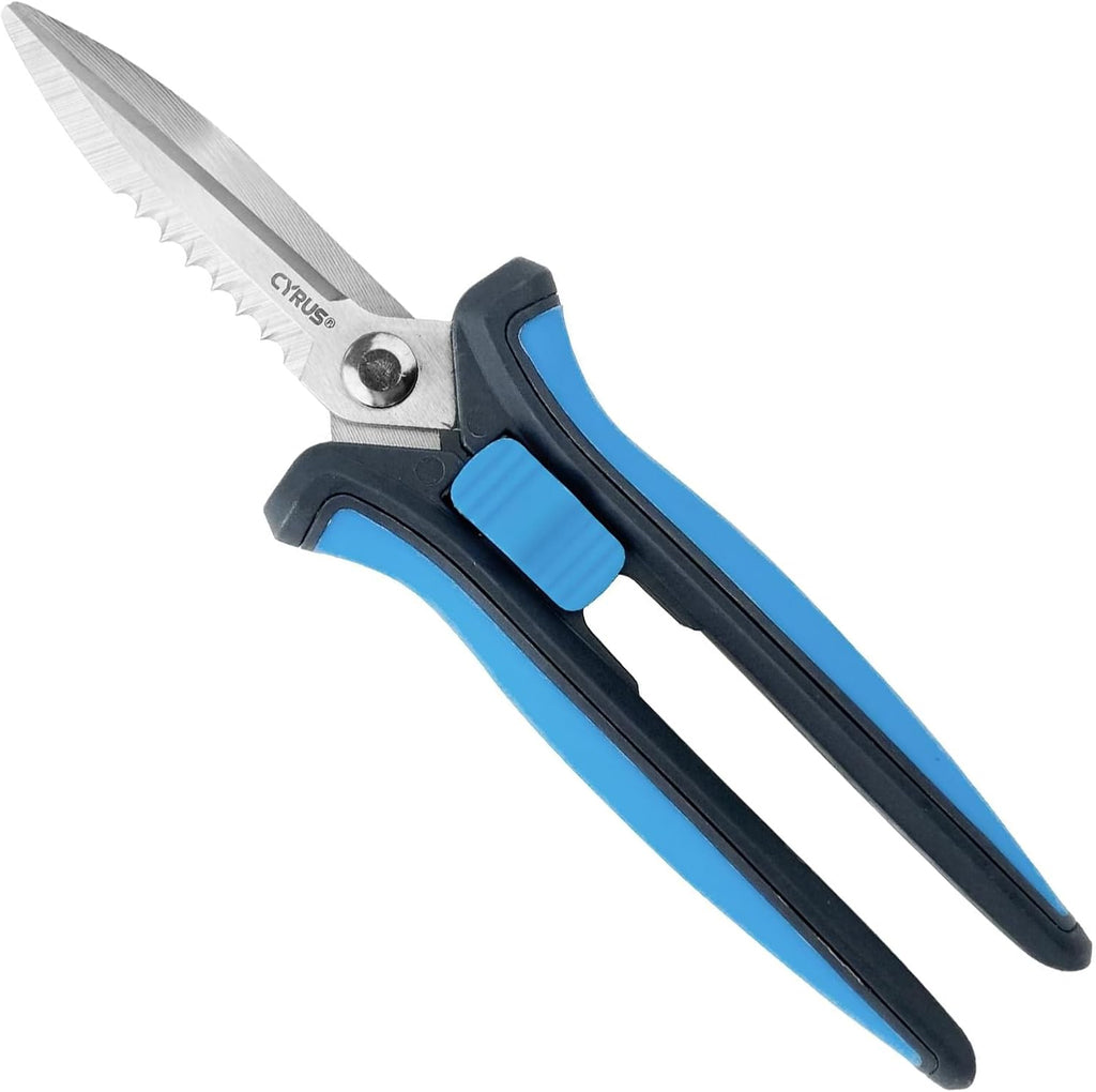 CYRUS Pruning Shears 8" Hand Gardening Scissors Extended Straight Carbon Blades Trimming Precision Bud Scissors with Sharp Serrations Widely Used for Gardening, Hydroponics, Grow Tents-CYRUS