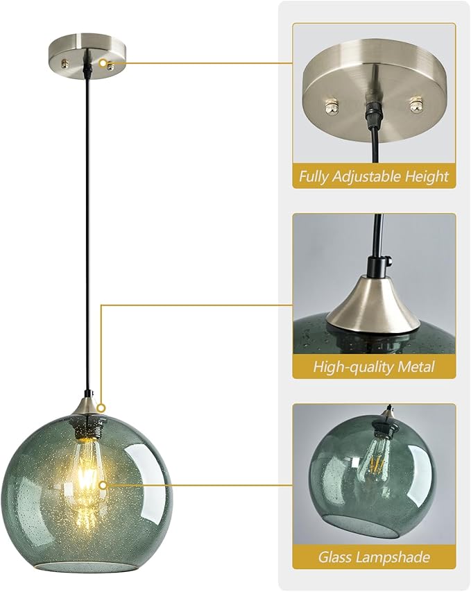 Gray Green Glass Pendant Lights Kitchen Island Lighting Globe Pendant Light Fixtures Modern Pendant Lighting for Kitchen Island Bedroom Living Dining Room Light Fixture(9.84in, 2-Pack)