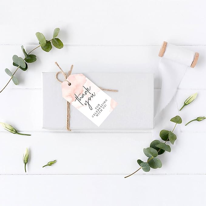 Andaz Press 100-Pack Thank You for Celebrating with Us Favor Tags Coral Brushed Watercolor Cardstock Gift Tags with Bakers Twine for Wedding Baby Shower Bridal Shower Party Favors 2 x 3.75-Inches