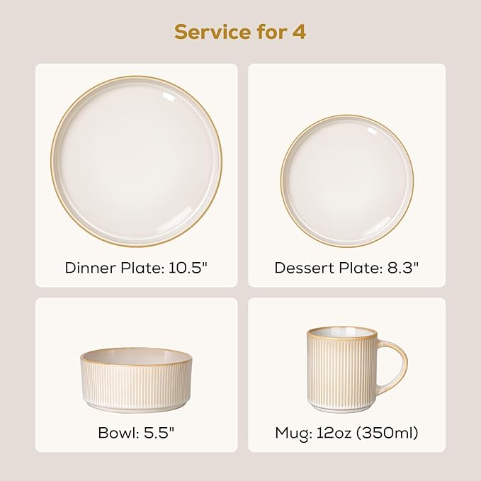 Romswi Dinnerware Set for 4, 16Pcs Stoneware Plates and Bowls Sets with Mugs, Chip & Scratch Resistant Dish Set, Handmade Reactive Glaze Plate Set, Oven,Microwave and Dishwasher Safe, Cappuccino White