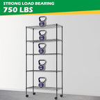5 Tier Shelving Unit Heavy Duty Wire Shelving Unit Easy Installation Metal Shelving Unit 14"D x 30"W x 60"H Metal Storage Shelves with Wheels Wire Shelving Rack for Garage Home Kitchen, Black