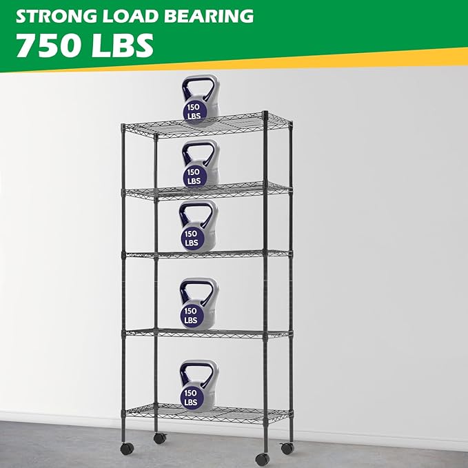 5 Tier Shelving Unit Heavy Duty Wire Shelving Unit Easy Installation Metal Shelving Unit 14"D x 30"W x 60"H Metal Storage Shelves with Wheels Wire Shelving Rack for Garage Home Kitchen, Black